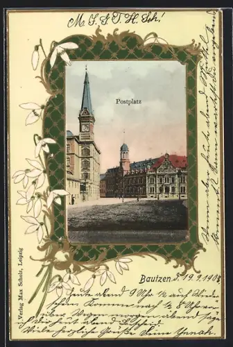 Passepartout-AK Bautzen, Postplatz im Passepartout