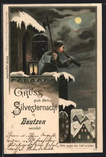 Lithographie Arbon, Nachtwächter in der Silvesternacht, Silverstergruss