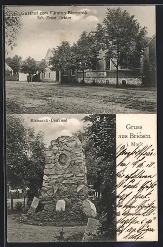AK Briesen i. Mark, Gasthof zum Fürsten Bismarck, Inh. Ernst Tichter, Bismarck-Denkmal