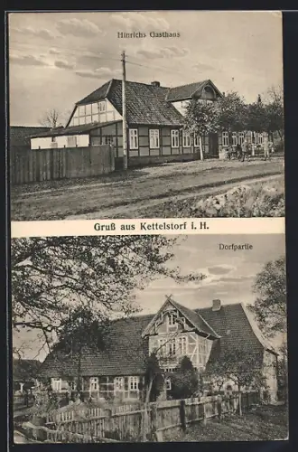 AK Kettelstorf i. H., Hinrichs Gasthaus, Dorfpartie