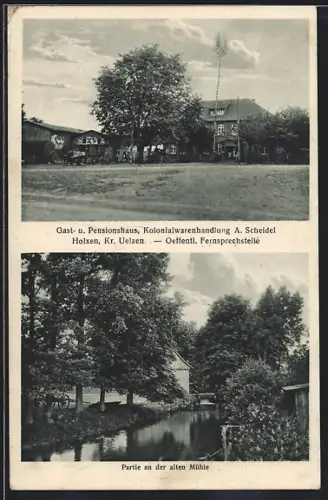 AK Holxen, Gast- & Pensionshaus, Kolonialwarenhandlung A. Scheidel, Partie an der alten Mühle