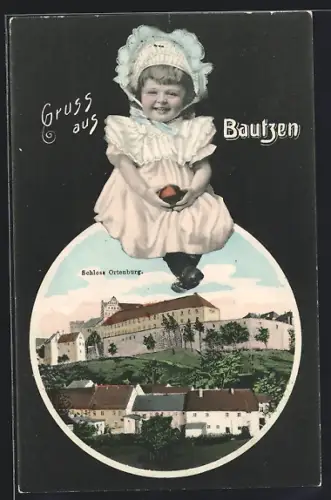 Grusskarten-AK Bautzen, Schloss Ortenburg, Kleines Mädchen im Kleid