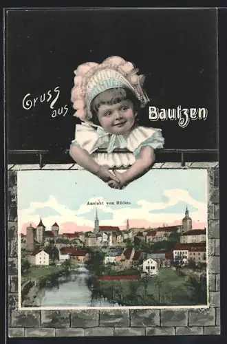Grusskarten-AK Bautzen, Ansicht von Süden, Kleines Mädchen mit Kopfhaube