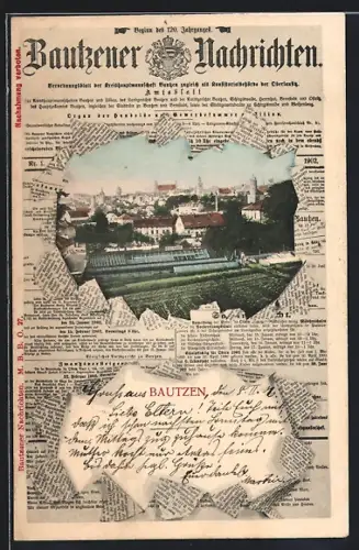 AK Bautzen, Ortsansicht auf Blatt der Bautzener Nachrichten