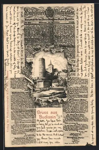 Zeitung-AK Budissin, Ortspartie auf Zeitungsblatt der Budissiner Nachrichten