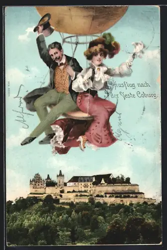 AK Coburg, Veste Coburg, Frau und Mann fliegen mit Fesselballon