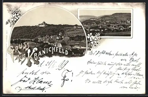 Lithographie Kranichfeld, Ortsansicht gegen die Berge