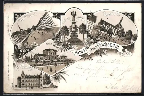 Lithographie Bockenem, Bahnhof, Post und Bankhaus, Marktplatz, Kriegerdenkmal