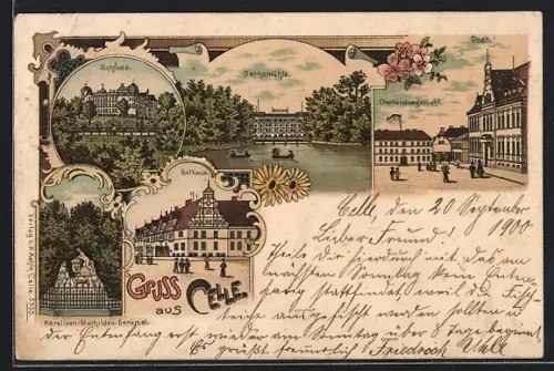 Lithographie Celle, Ratsmühle, Schloss, Rathaus, Post, Karolinen-Mathilden-Denkmal