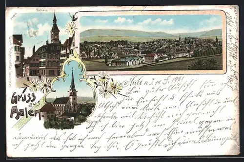 Lithographie Aalen, Rathaus, kath. Kirche, Totalansicht