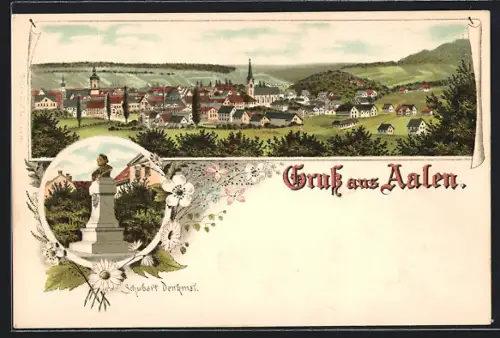 Lithographie Aalen, Gesamtansicht, Schubart Denkmal