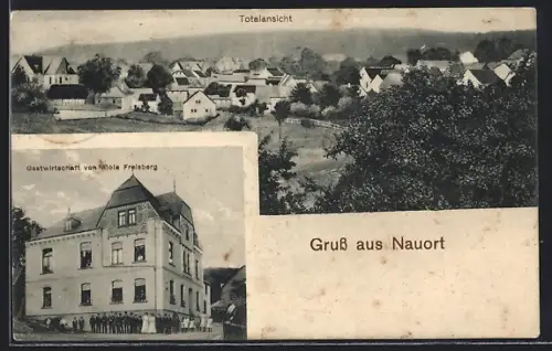 AK Nauort, Gasthaus von Alois Freisberg, Ortspanorama