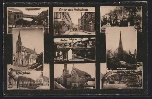 AK Vohwinkel, Schwebebahn mit Zeppelin, Rathaus, Evang. Kirche, Bahnhof u. Post