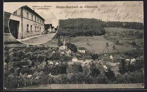 AK Nieder-Beerbach im Odenwald, Gasthaus und Metzgerei Ch. Lautenschläger, Ortsansicht