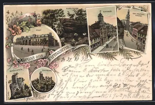 Lithographie Pirmasens, Post, Ramburg, Kugelfelsen, Rathaus, Barbelstein
