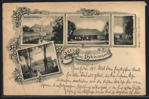 AK Dykhausen, Warns Gasthof, Kriegerdenkmal, Schloss zu Gödens