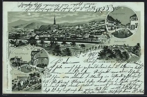 Mondschein-Lithographie Grünstadt / Pfalz, Post mit Bahnhof, Burg Altleining, Hauptstrasse