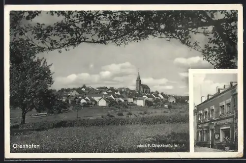 AK Orenhofen, Gasthaus von Leon Reichertz und Ortsansicht aus der Vogelschau