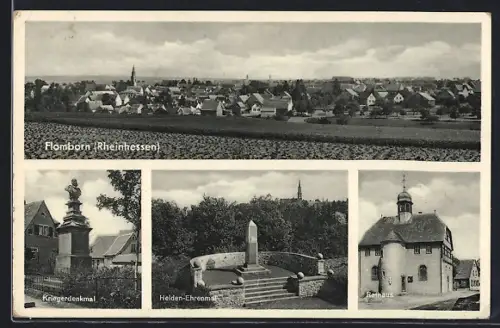 AK Flomborn / Rheinhessen, Rathaus, Helden-Ehrenmal, Kriegerdenkmal