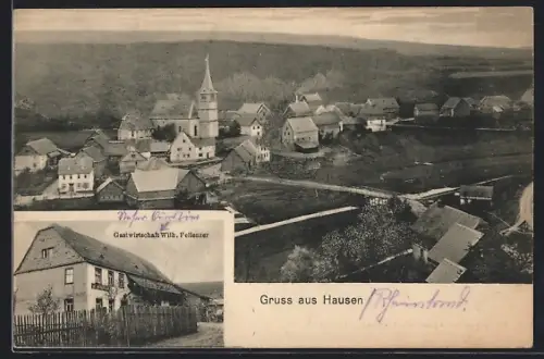 AK Hausen / Rhaunen, Gasthaus Wilh. Fellenzer und Ortsansicht