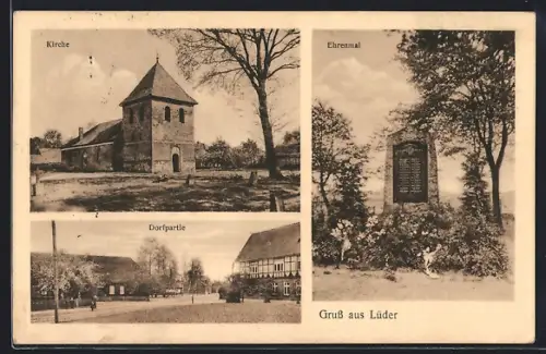 AK Lüder, Kirche, Ehrenmal, Dorfpartie