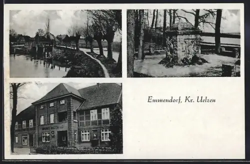 AK Emmendorf, Harms Gasthaus, Ortspartie und Blick auf das Kriegerdenkmal