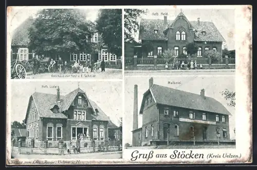 AK Stöcken /Uelzen, Gasthaus zur Post v. E. Schmidt, Hofb. Held, Hofb. Lüders und Molkerei