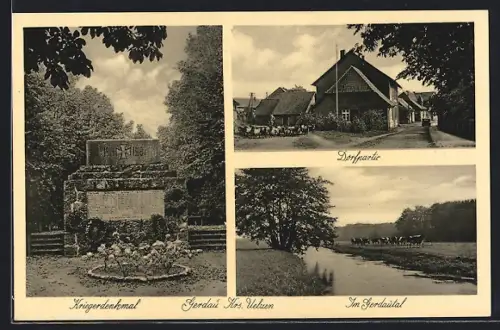 AK Gerdau, Kriegerdenkmal, Dorfpartie, Blick ins Gerdautal