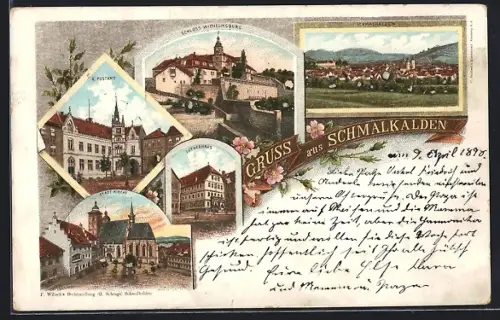 Lithographie Schmalkalden, Lutherhaus, K. Postamt, Schloss Wilhelmsburg