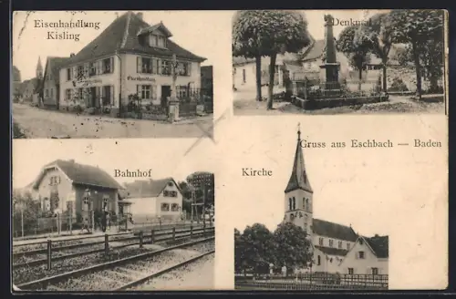 AK Eschbach /Baden, Bahnhof, Eisenhandlung Kisling und Denkmal