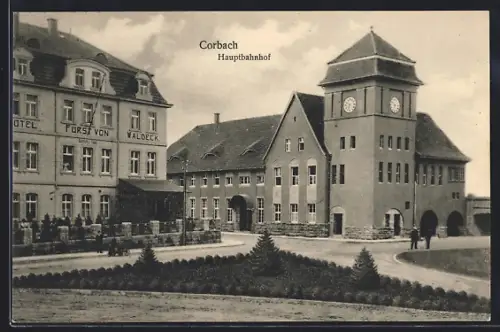 AK Corbach, Hauptbahnhof mit Hotel Fürst von Waldeck