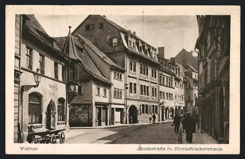 AK Weimar / Thüringen, Jacobstrasse mit Kirms-Krackowhaus und Geschäften