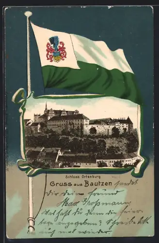 Passepartout-Lithographie Bautzen, Schloss Ortenburg, Fahne und Wappen