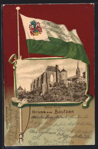 AK Bautzen, Nicolai-Ruine, Flagge, Passepartout