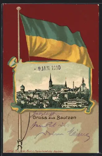 Passepartout-Lithographie Bautzen, Ortsansicht mit Kirche