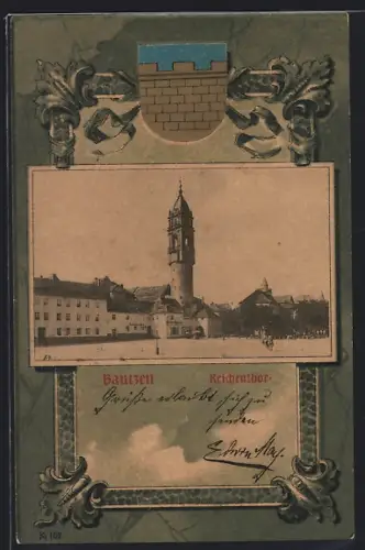 Passepartout-Lithographie Bautzen, Blick auf das Reichentor und Kleider-Magazin