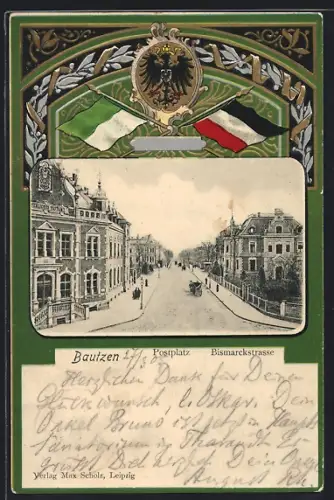Passepartout-Lithographie Bautzen, Blick vom Postplatz in die Bismarckstrasse, Wappen