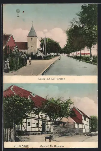 AK Kl.-Flöthe, Gasthof von Th. Homann, Kirche mit Dorfstrasse