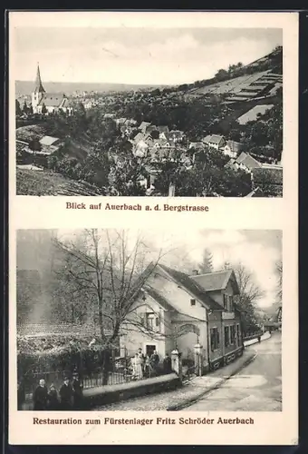 AK Auerbach a. d. Bergstrasse, Restaurant zum Fürstenlager, Fritz Schröder, Ortsansicht aus der Vogelschau
