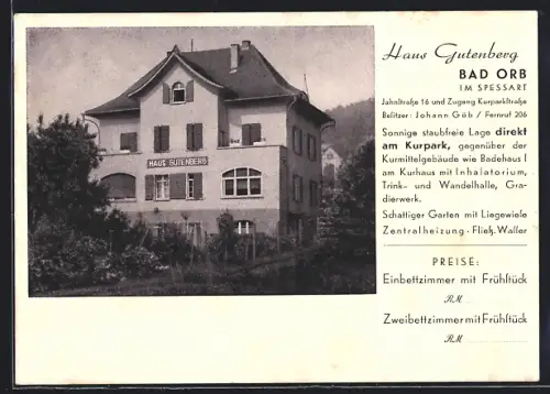 AK Bad Orb /Spessart, Hotel Haus Gutenberg, Besitzer Johann Göb, Jahnstrasse 16