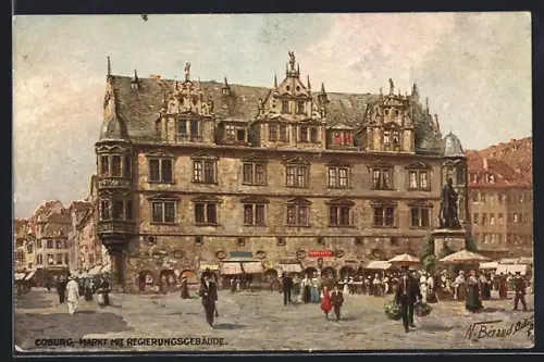 Künstler-AK Coburg, Marktgeschehen am Regierungsgebäude