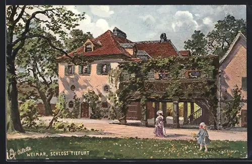 Künstler-AK Weimar / Thüringen, Schloss Tiefurt mit Blumenmädchen