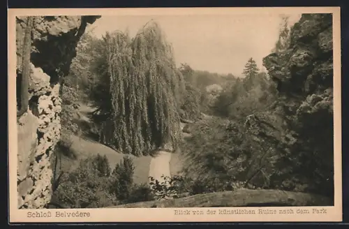 AK Weimar, Schloss Belvedere, Blick von der künstlichen Ruine nach dem Park