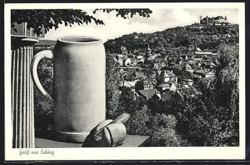 AK Coburg, Bierkrug mit Brötchen, Stadtansicht, Veste Coburg