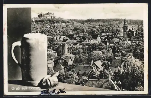 AK Coburg, Stadtansicht mit Veste Coburg, Bierkrug