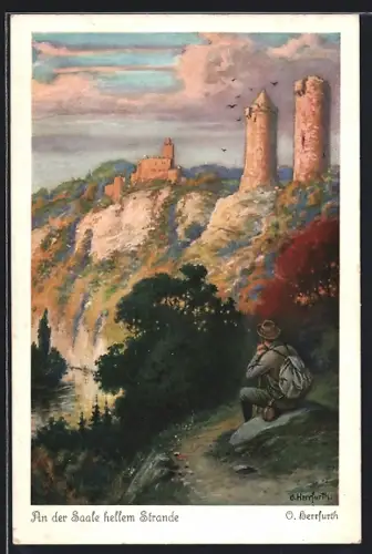 Künstler-AK Oskar Herrfurth: Burgen an der Saale, An der Saale hellem Strande