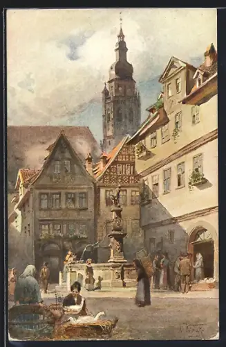 Künstler-AK Coburg, Blick in die Steingasse mit Morizkirche
