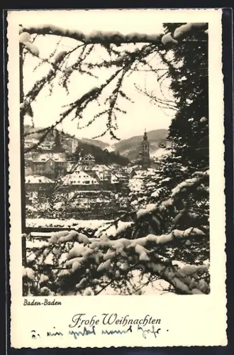 AK Baden-Baden, Winteransicht mit verschneiter Stadt und Kirche