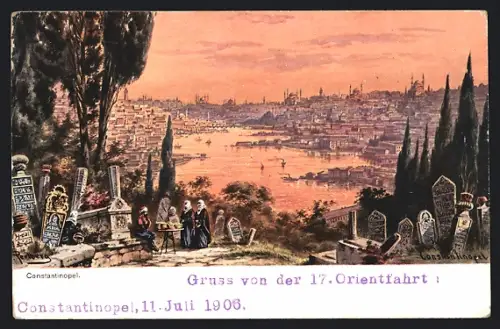 Künstler-AK F.Perlberg: Constantinopel, Friedhof u. Stadtansicht