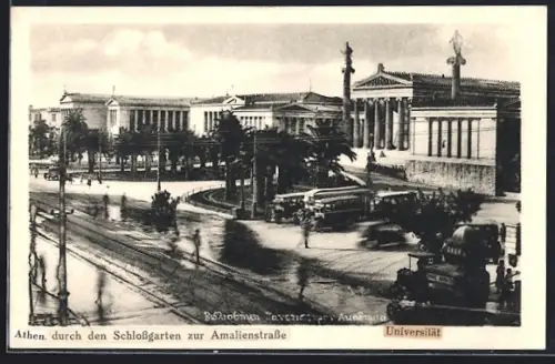 AK Athen, Blick zur Amalienstrasse, Kraftwagen und Busse